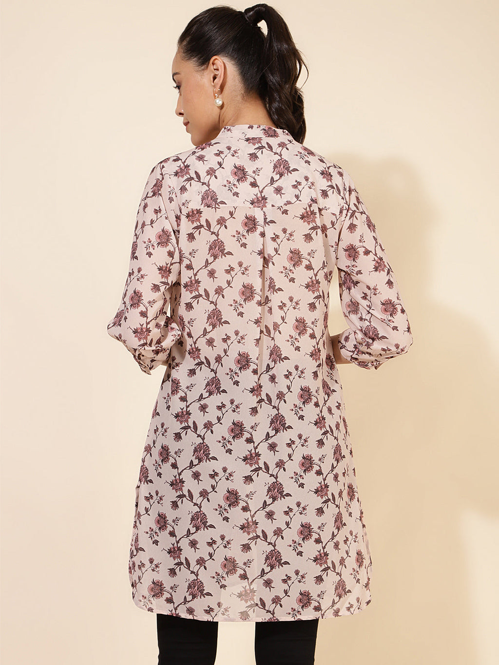 Janasya Women's Beige Georgette Floral Printed Casual Tunic | Grocsy