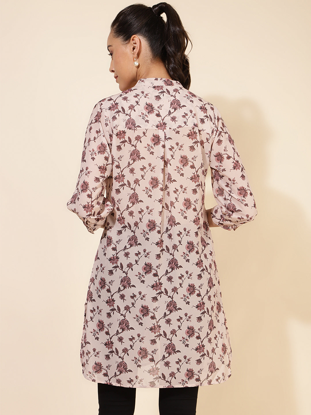 Janasya Women's Beige Georgette Floral Printed Casual Tunic | Grocsy