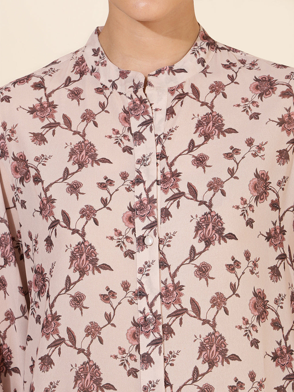 Janasya Women's Beige Georgette Floral Printed Casual Tunic | Grocsy
