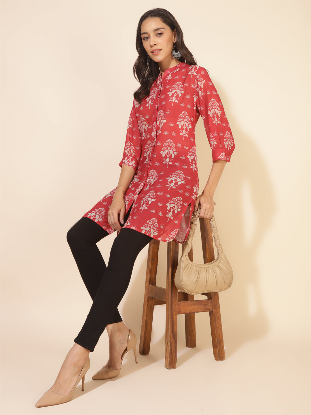 Janasya Women's Red Georgette Floral Printed Casual Tunic | Grocsy