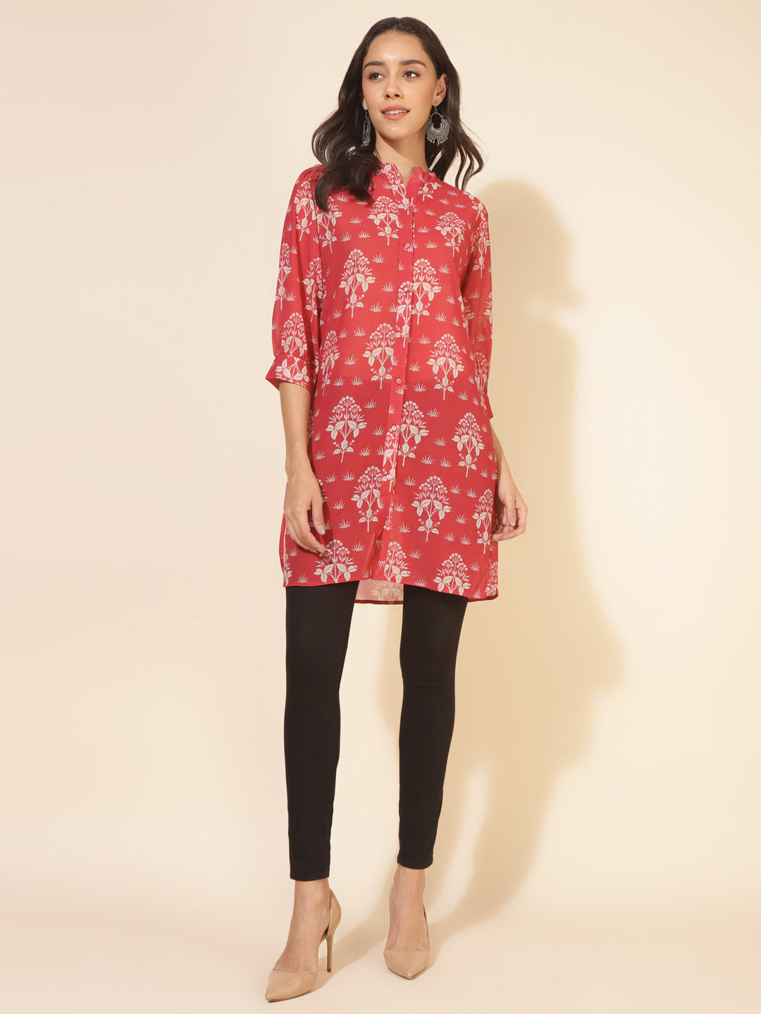Janasya Women's Red Georgette Floral Printed Casual Tunic | Grocsy