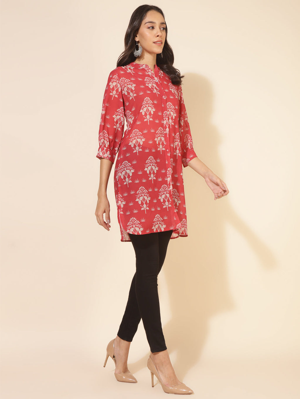 Janasya Women's Red Georgette Floral Printed Casual Tunic | Grocsy