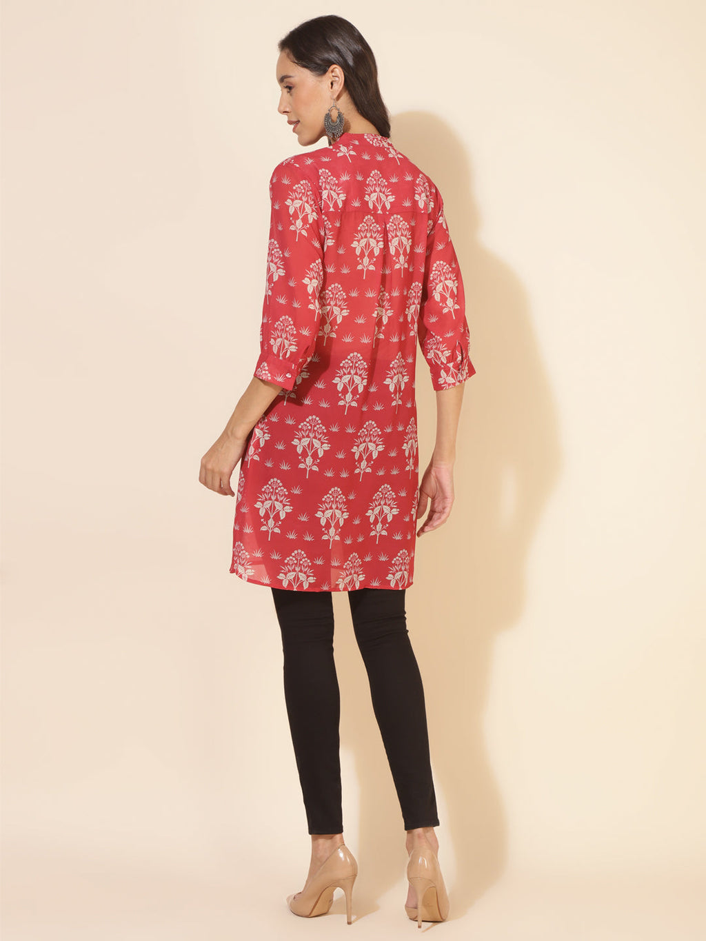 Janasya Women's Red Georgette Floral Printed Casual Tunic | Grocsy