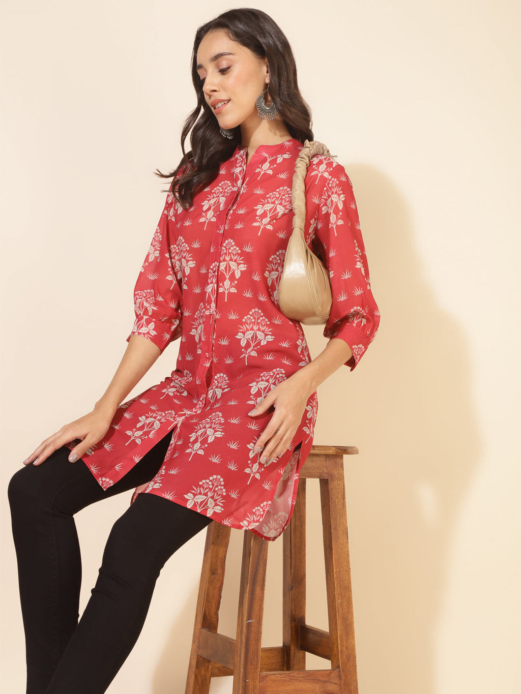 Janasya Women's Red Georgette Floral Printed Casual Tunic | Grocsy
