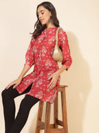 Janasya Women's Red Georgette Floral Printed Casual Tunic | Grocsy
