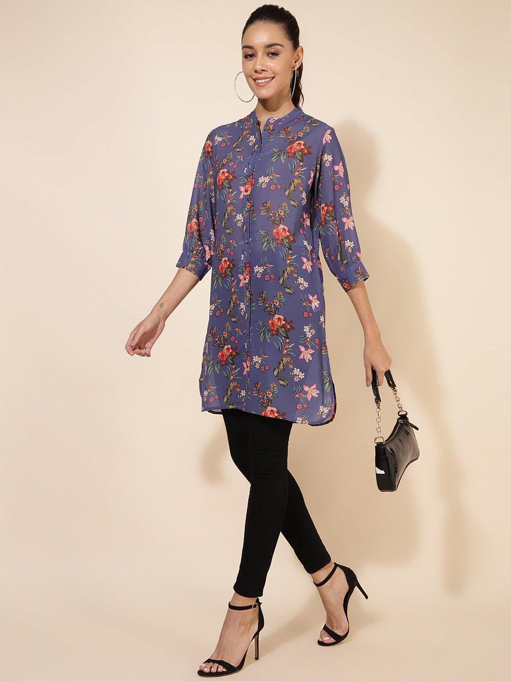 Janasya Women's Violet Georgette Floral Printed Casual Tunic | Grocsy