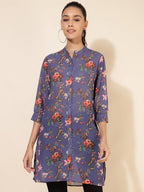Janasya Women's Violet Georgette Floral Printed Casual Tunic | Grocsy