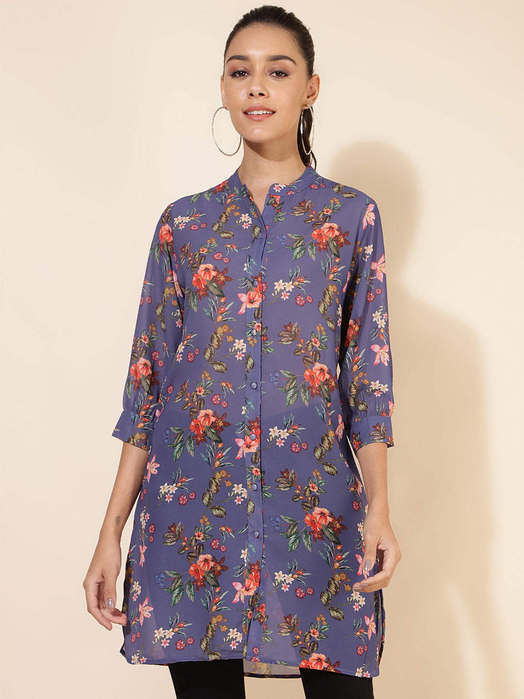Janasya Women's Violet Georgette Floral Printed Casual Tunic | Grocsy