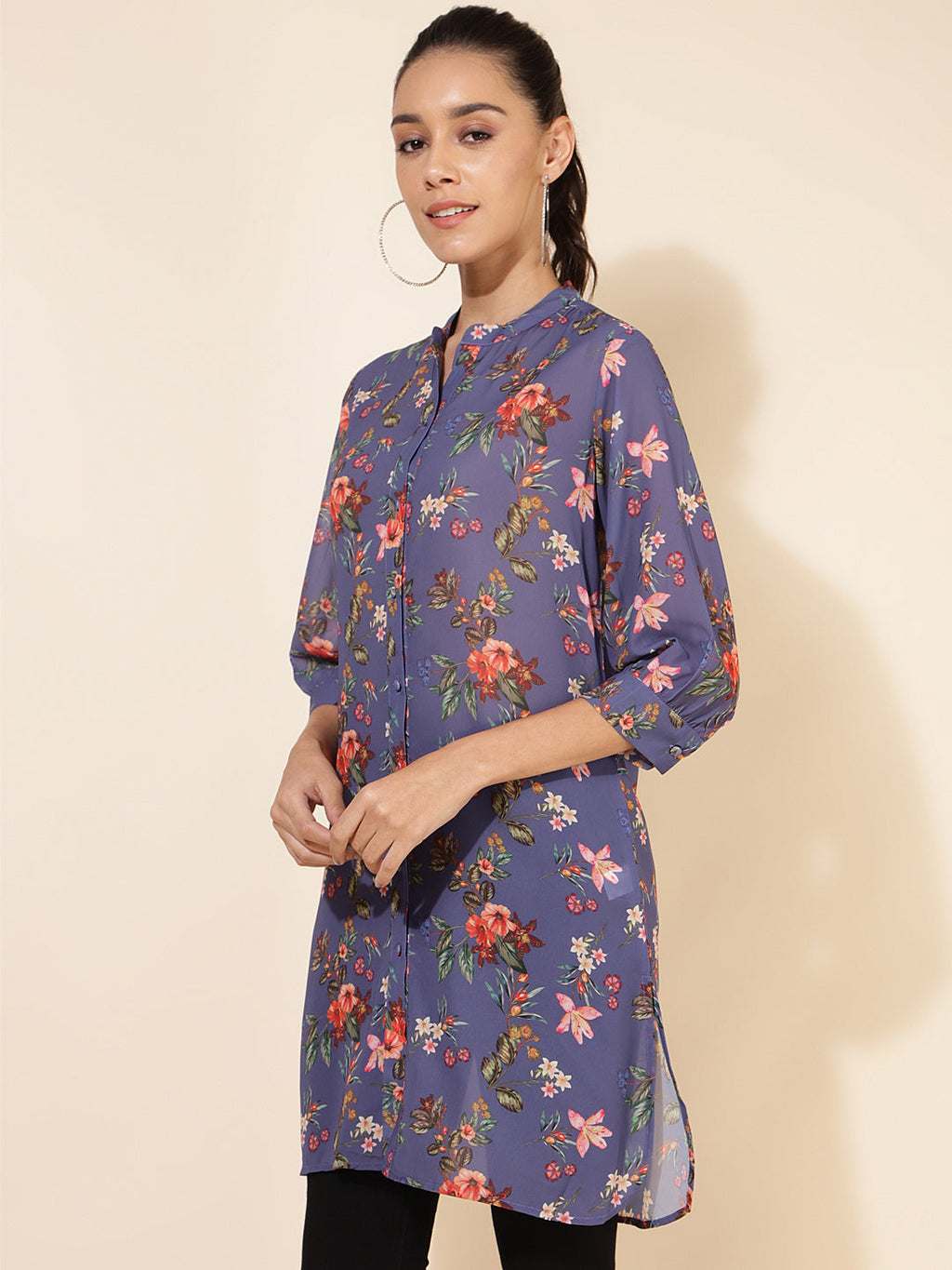 Janasya Women's Violet Georgette Floral Printed Casual Tunic | Grocsy