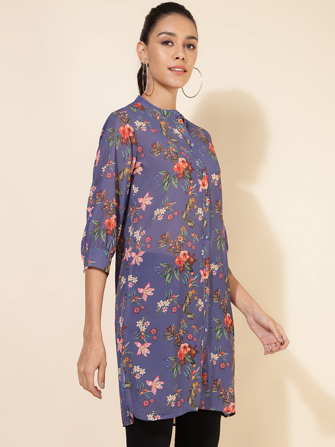 Janasya Women's Violet Georgette Floral Printed Casual Tunic | Grocsy