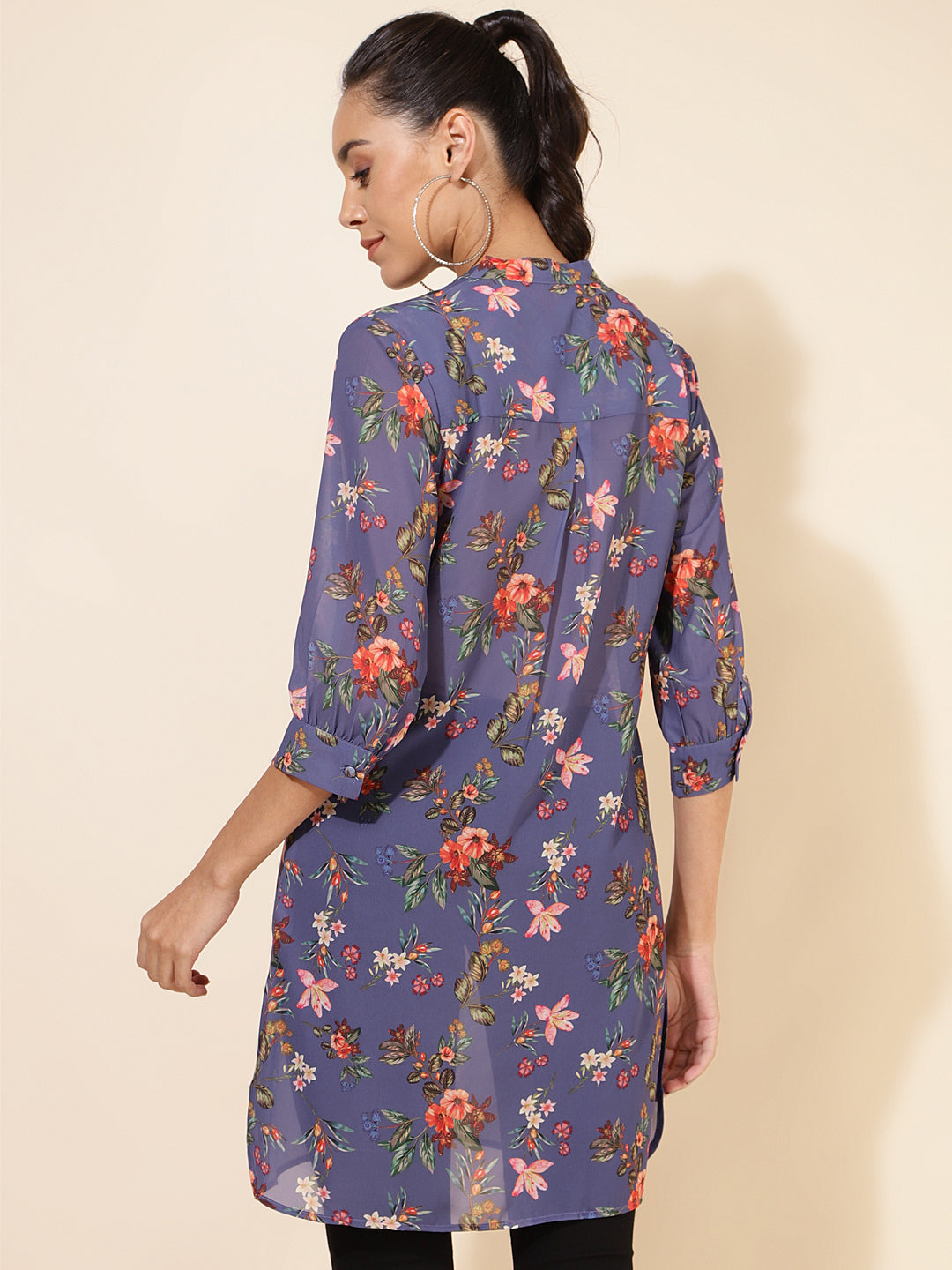 Janasya Women's Violet Georgette Floral Printed Casual Tunic | Grocsy