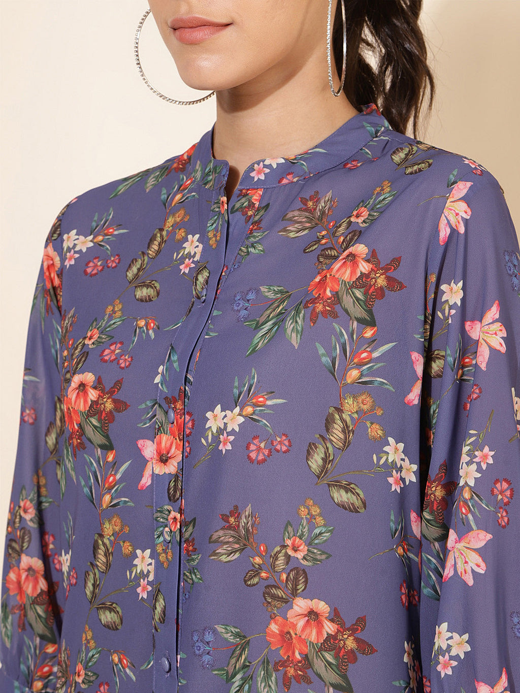 Janasya Women's Violet Georgette Floral Printed Casual Tunic | Grocsy