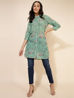 Janasya Women's Light Green Georgette Floral Printed Casual Tunic | Grocsy