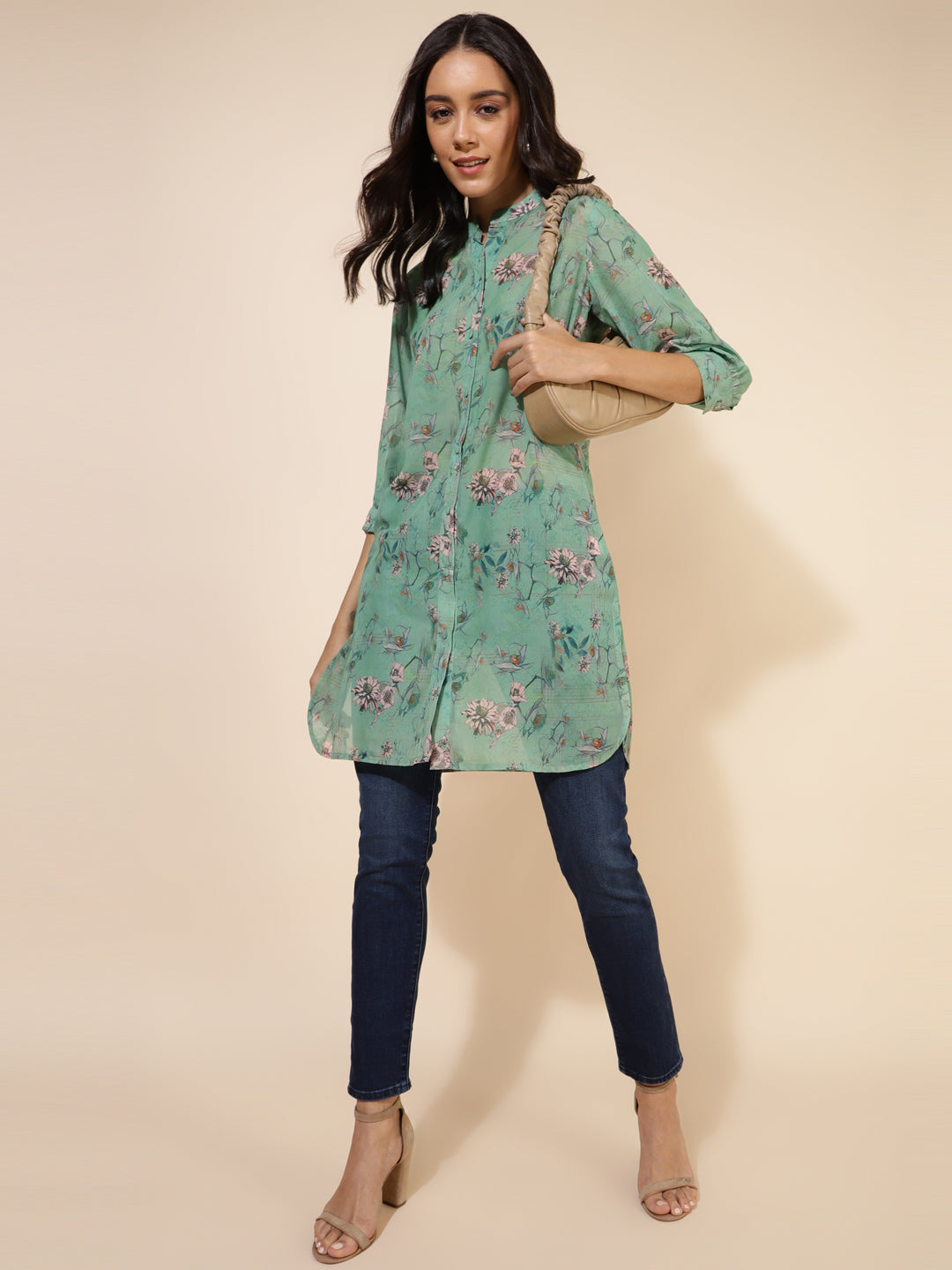 Janasya Women's Light Green Georgette Floral Printed Casual Tunic | Grocsy
