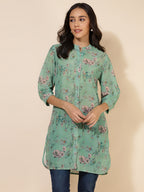 Janasya Women's Light Green Georgette Floral Printed Casual Tunic | Grocsy