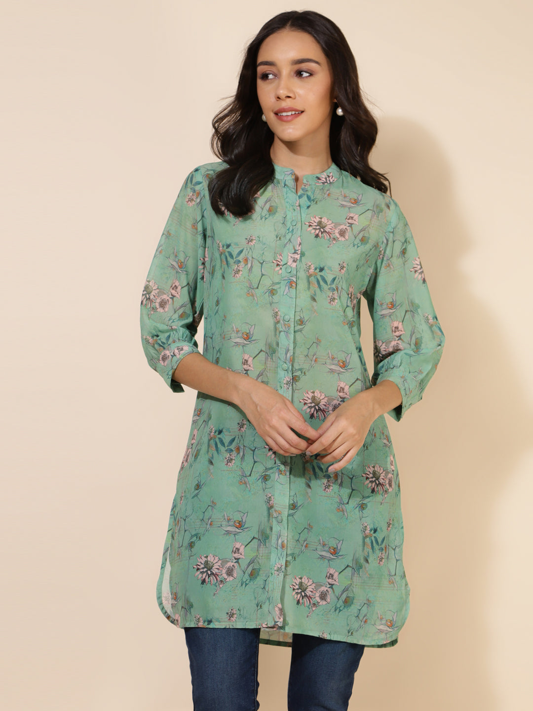 Janasya Women's Light Green Georgette Floral Printed Casual Tunic | Grocsy