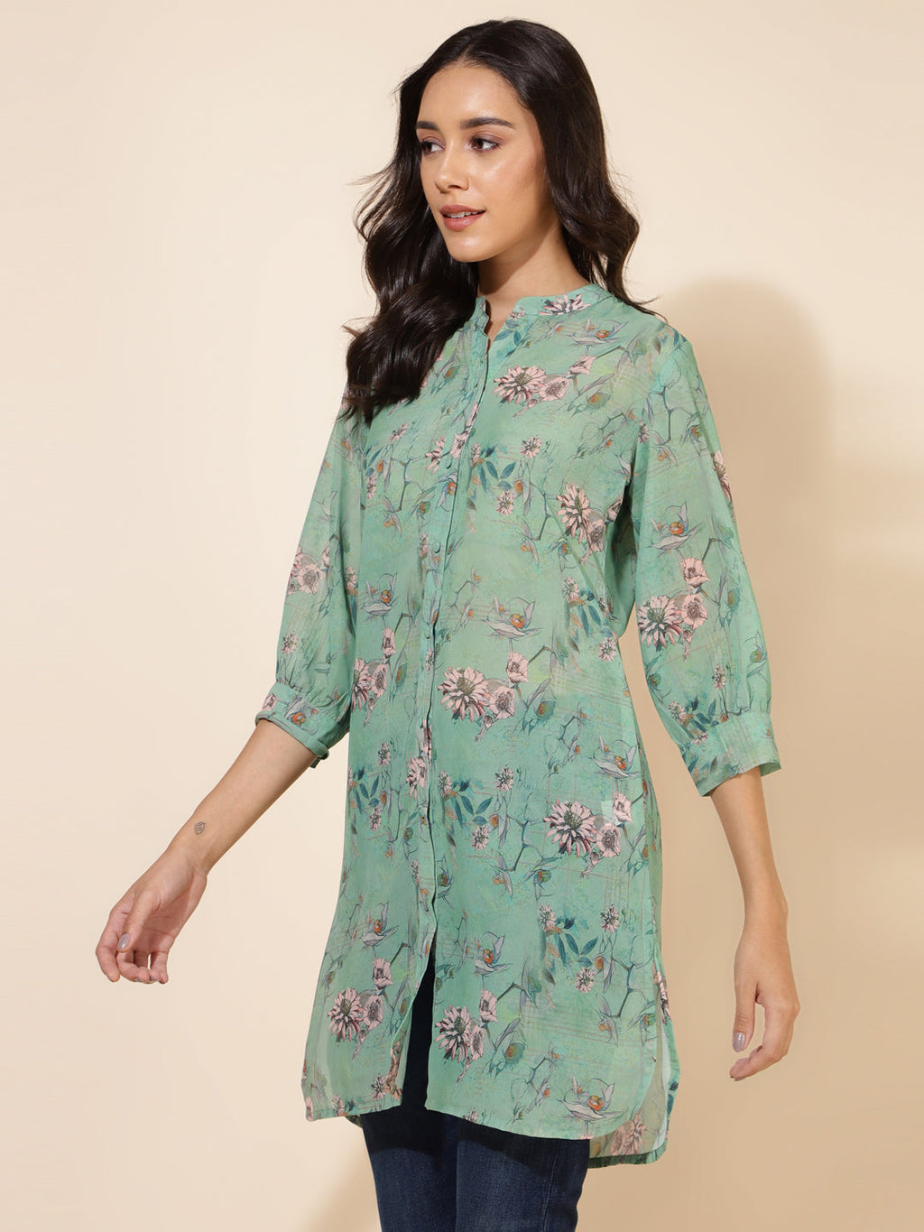 Janasya Women's Light Green Georgette Floral Printed Casual Tunic | Grocsy