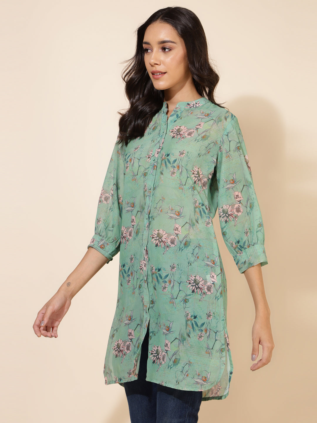Janasya Women's Light Green Georgette Floral Printed Casual Tunic | Grocsy