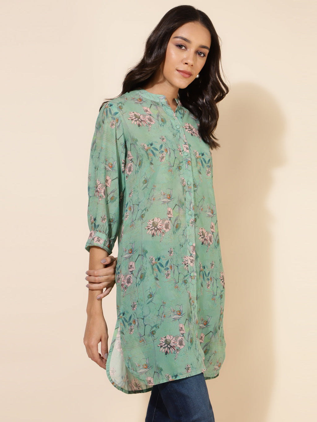 Janasya Women's Light Green Georgette Floral Printed Casual Tunic | Grocsy