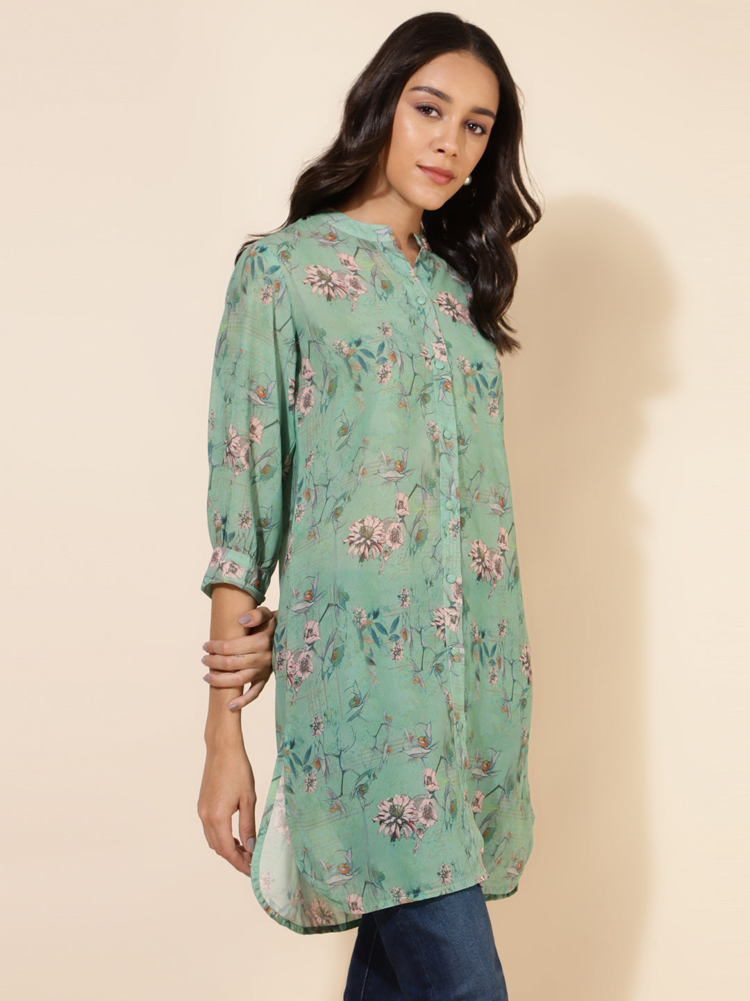 Janasya Women's Light Green Georgette Floral Printed Casual Tunic | Grocsy