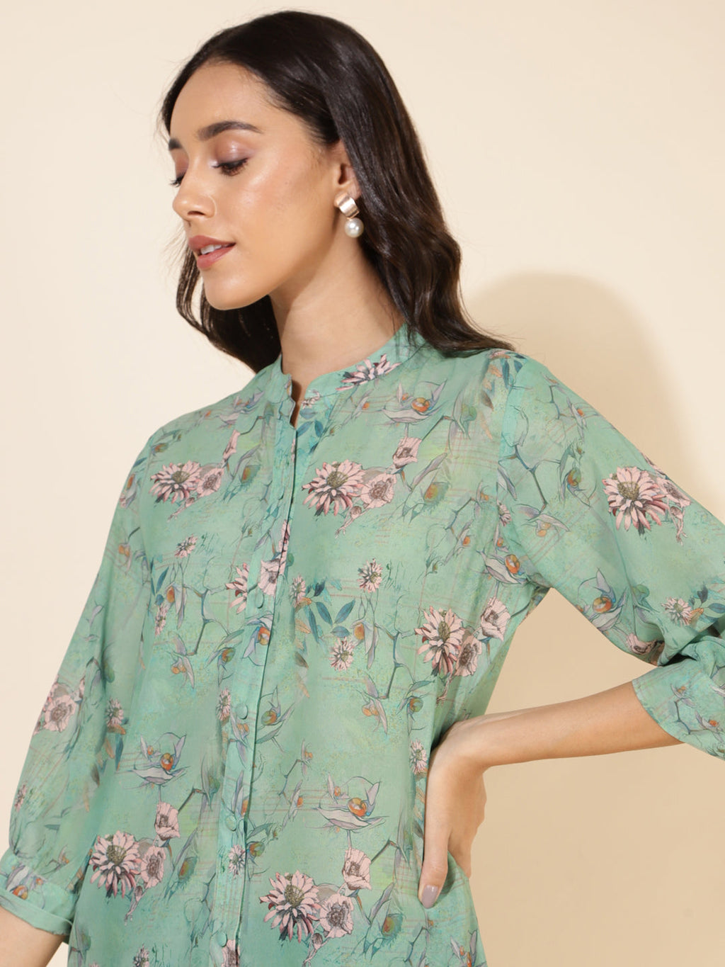 Janasya Women's Light Green Georgette Floral Printed Casual Tunic | Grocsy
