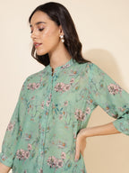 Janasya Women's Light Green Georgette Floral Printed Casual Tunic | Grocsy