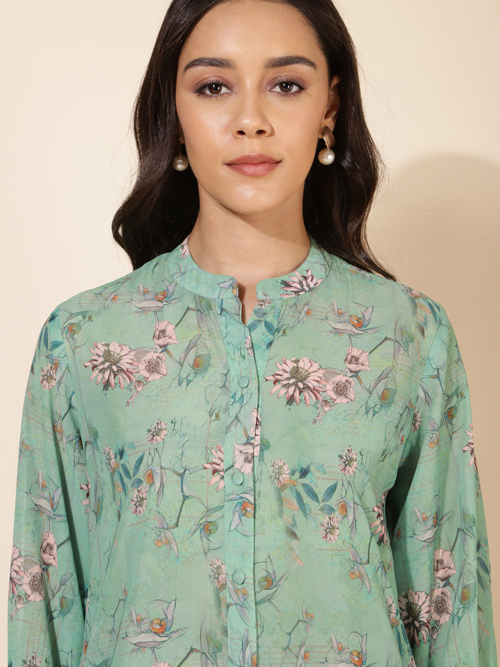 Janasya Women's Light Green Georgette Floral Printed Casual Tunic | Grocsy
