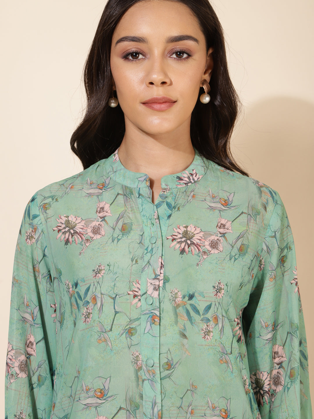 Janasya Women's Light Green Georgette Floral Printed Casual Tunic | Grocsy