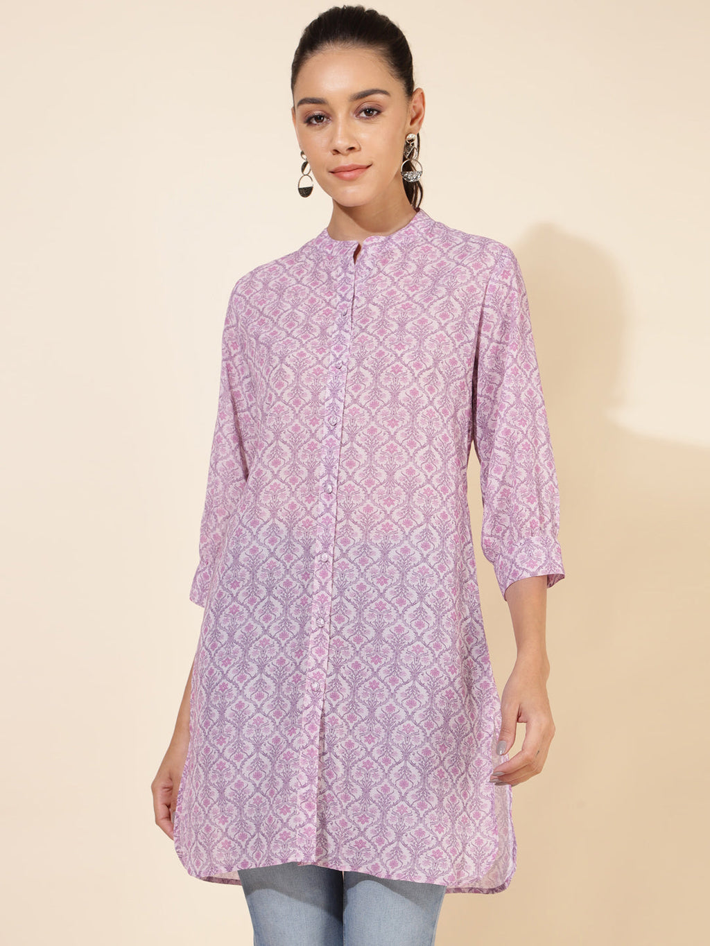 Janasya Women's Light Pink Georgette Floral Printed Casual Tunic | Grocsy