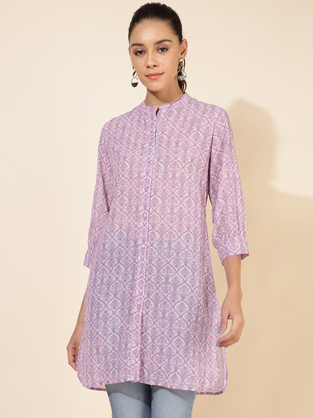 Janasya Women's Light Pink Georgette Floral Printed Casual Tunic | Grocsy