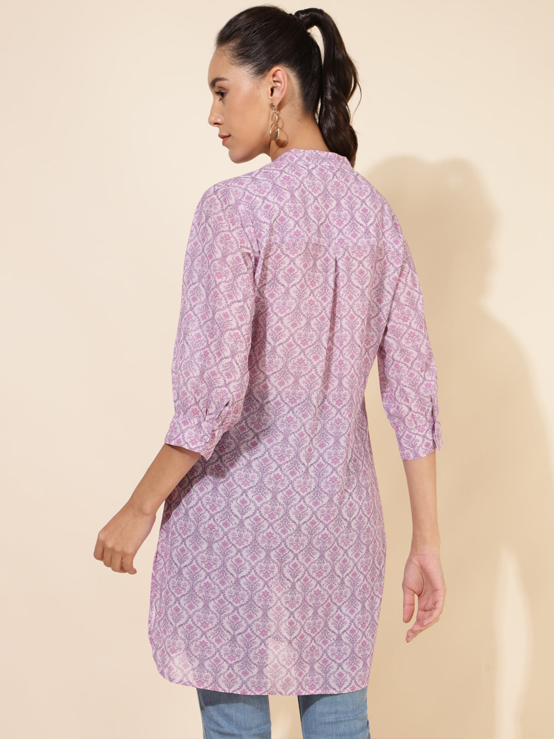 Janasya Women's Light Pink Georgette Floral Printed Casual Tunic | Grocsy