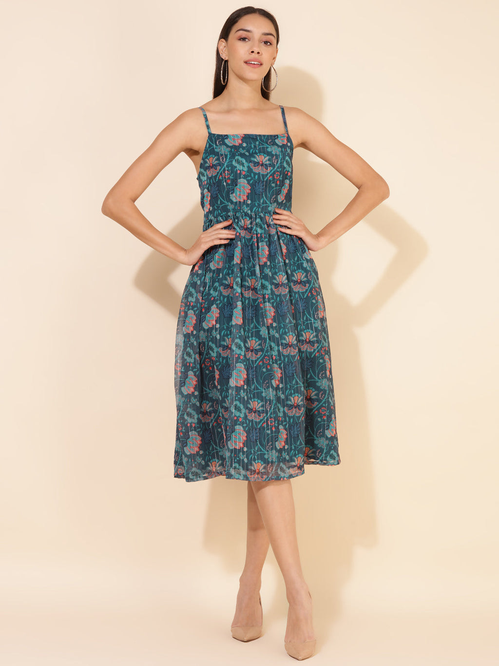Janasya Women's Blue Chiffon Lurex Digital Floral Printed Casual Dress | Grocsy