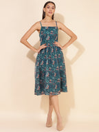 Janasya Women's Blue Chiffon Lurex Digital Floral Printed Casual Dress | Grocsy