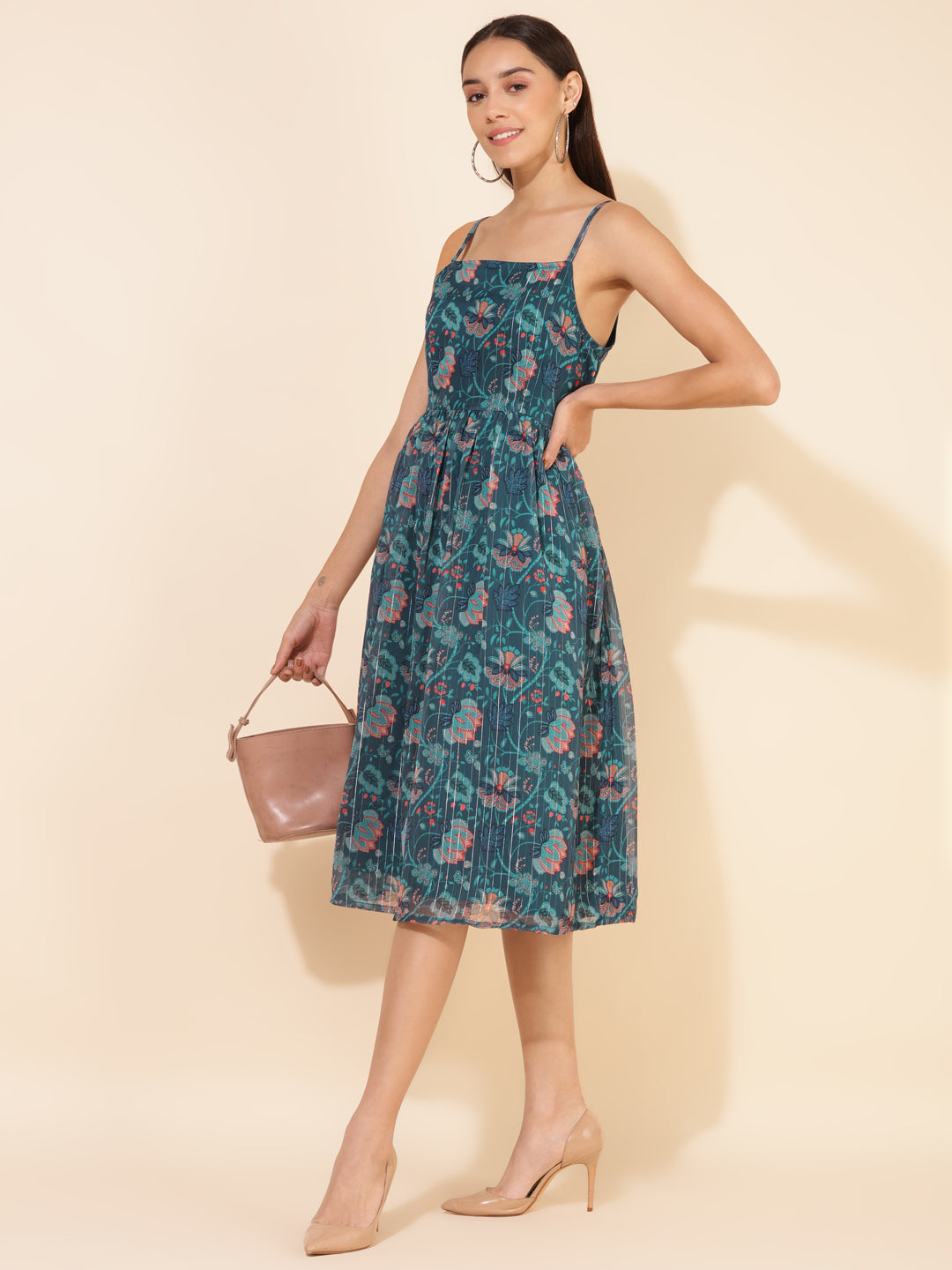 Janasya Women's Blue Chiffon Lurex Digital Floral Printed Casual Dress | Grocsy