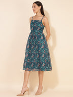 Janasya Women's Blue Chiffon Lurex Digital Floral Printed Casual Dress | Grocsy