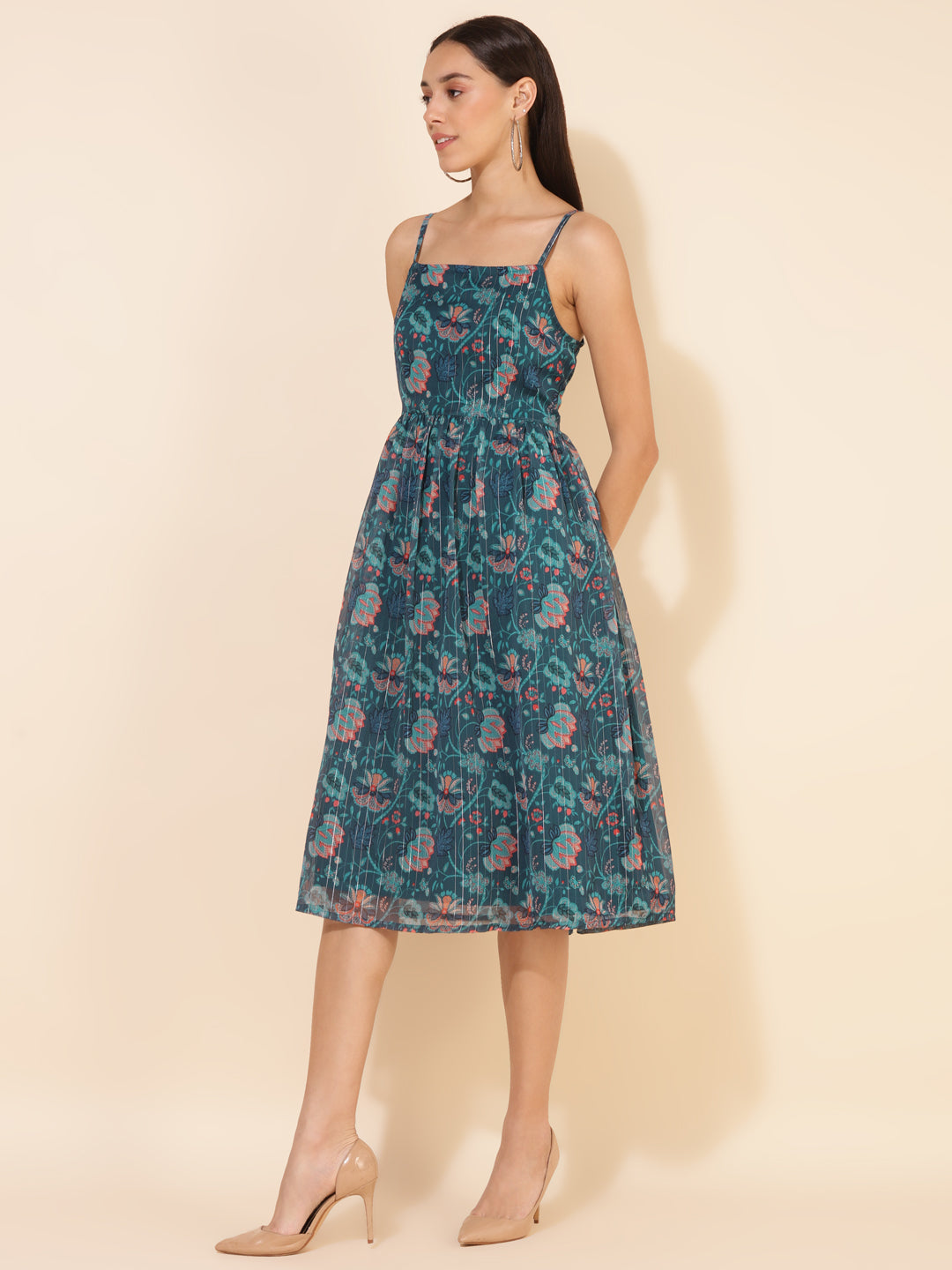 Janasya Women's Blue Chiffon Lurex Digital Floral Printed Casual Dress | Grocsy
