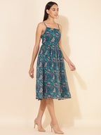 Janasya Women's Blue Chiffon Lurex Digital Floral Printed Casual Dress | Grocsy
