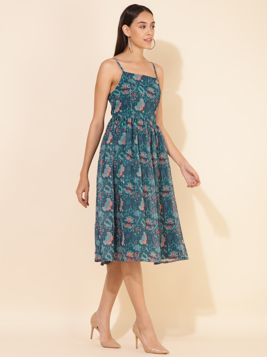 Janasya Women's Blue Chiffon Lurex Digital Floral Printed Casual Dress | Grocsy
