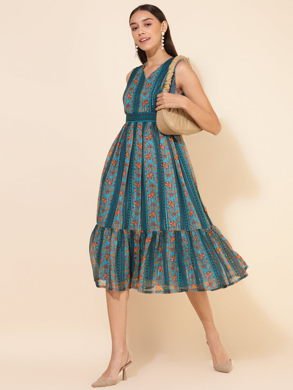 Janasya Women's Blue Chiffon Lurex Floral Printed Casual Dress | Grocsy