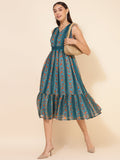 Janasya Women's Blue Chiffon Lurex Floral Printed Casual Dress | Grocsy