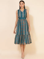Janasya Women's Blue Chiffon Lurex Floral Printed Casual Dress | Grocsy
