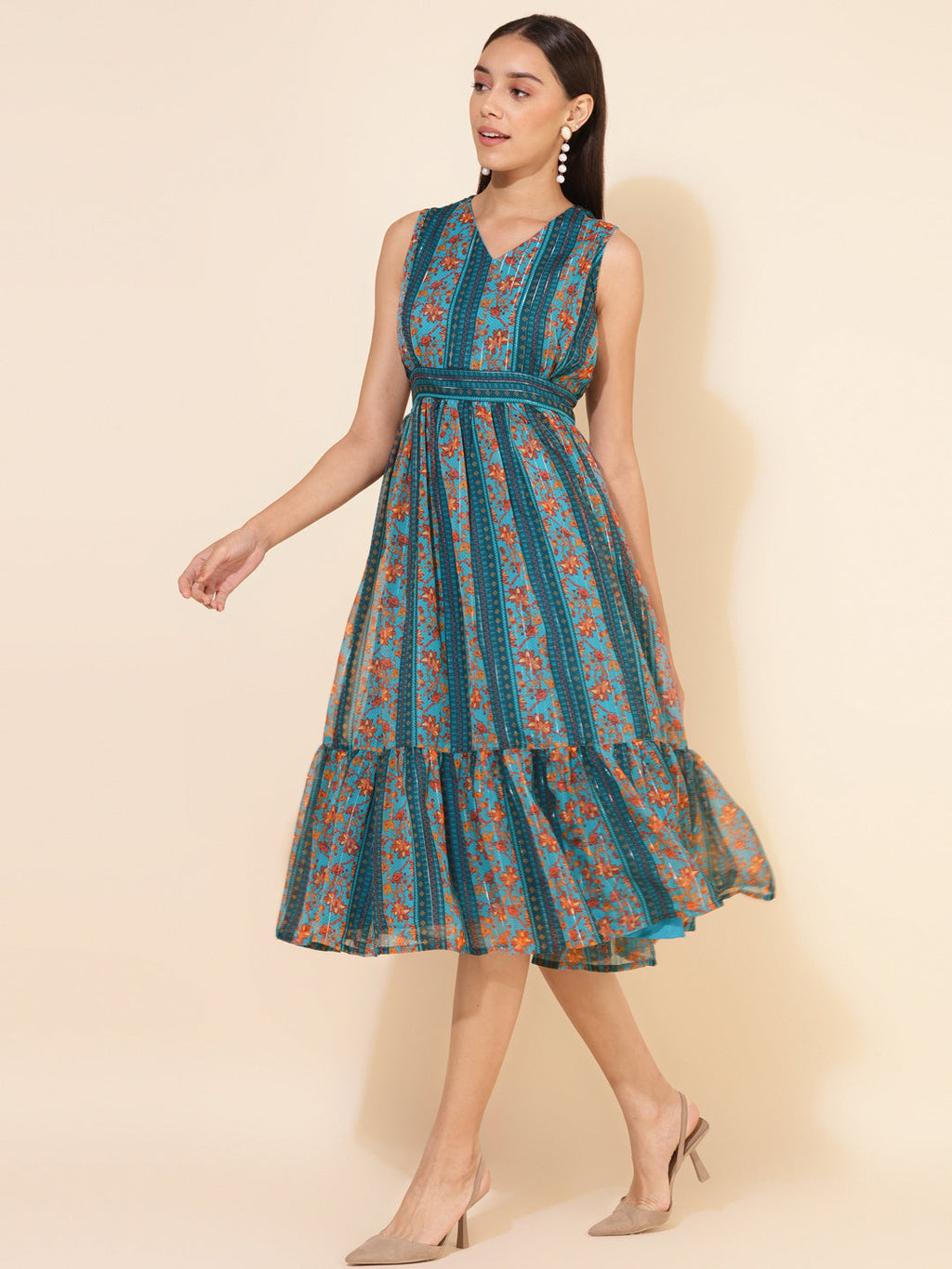 Janasya Women's Blue Chiffon Lurex Floral Printed Casual Dress | Grocsy