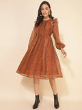 Janasya Women's Rust Chiffon Lurex Floral Printed Casual Dress | Grocsy