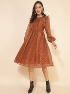 Janasya Women's Rust Chiffon Lurex Floral Printed Casual Dress | Grocsy