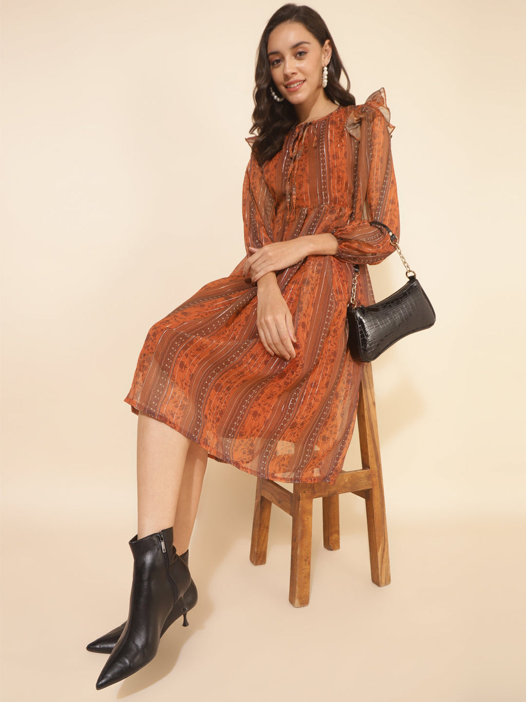 Janasya Women's Rust Chiffon Lurex Floral Printed Casual Dress | Grocsy