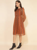 Janasya Women's Rust Chiffon Lurex Floral Printed Casual Dress | Grocsy