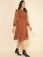 Janasya Women's Rust Chiffon Lurex Floral Printed Casual Dress | Grocsy