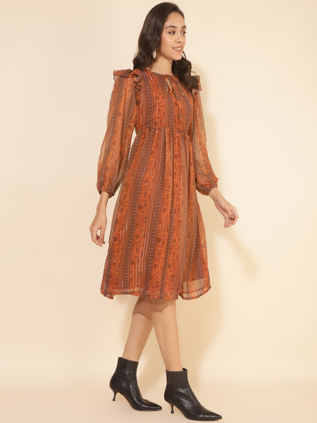 Janasya Women's Rust Chiffon Lurex Floral Printed Casual Dress | Grocsy