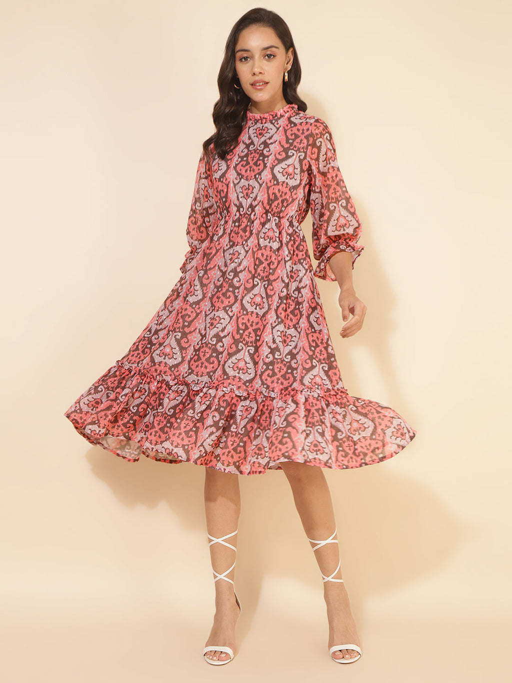 Janasya Women's Peach Dobby Georgette Ikkat Printed Casual Dress | Grocsy