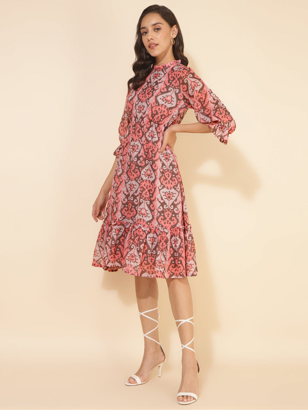 Janasya Women's Peach Dobby Georgette Ikkat Printed Casual Dress | Grocsy